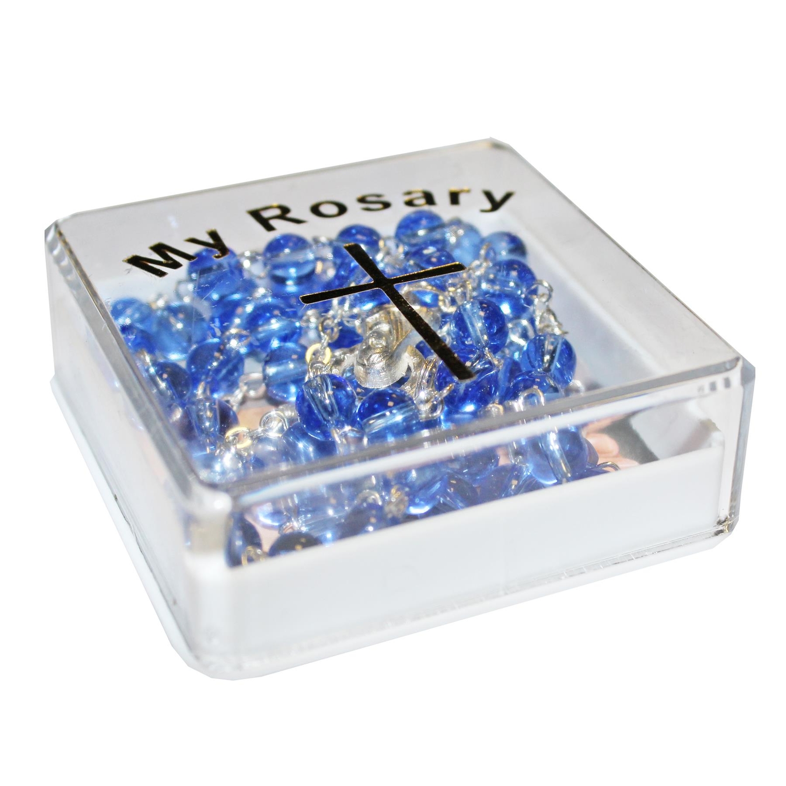 Communion Blue Rosary Beads and Card Boxed Gift Set