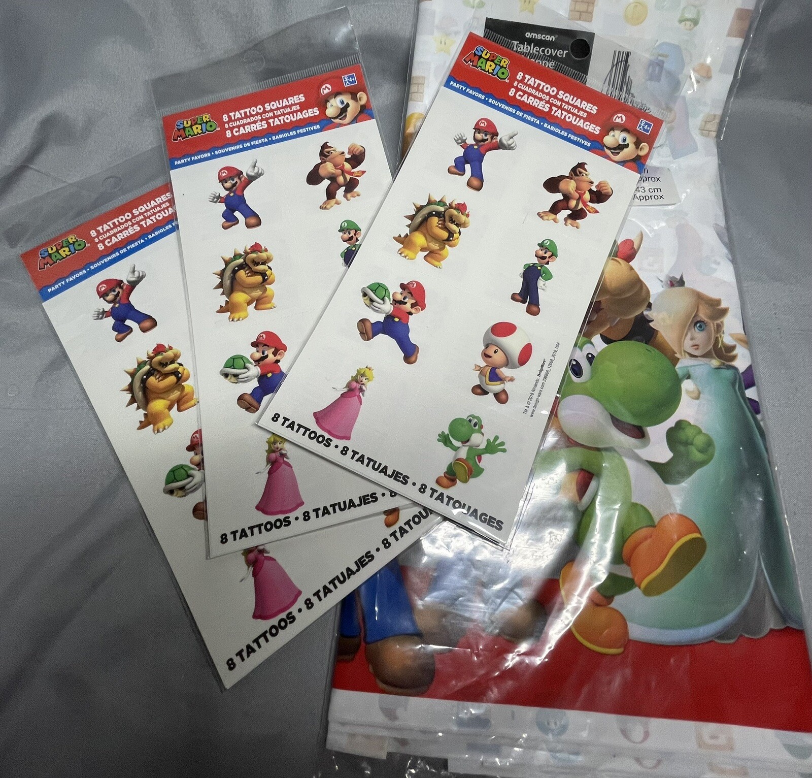Super Mario Brothers Tattoo Favors-8 Pcs. Lot Of 3 & 1 Party Table Cloth 54×96”