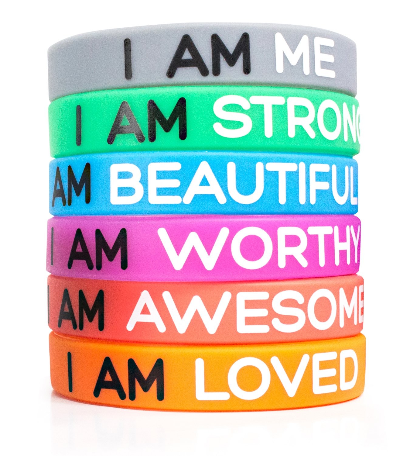 6 Pack I AM ME STRONG BEAUTIFUL WORTHY AWESOME LOVED Motivational Silicone Wr…