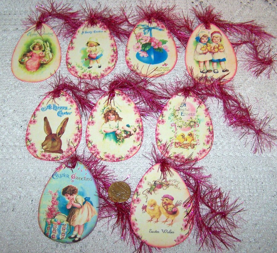 9~Easter~Vintage~Egg Shape~Bunnies~Chicks~Kids~Linen Cardstock~Gift~Hang~Tags