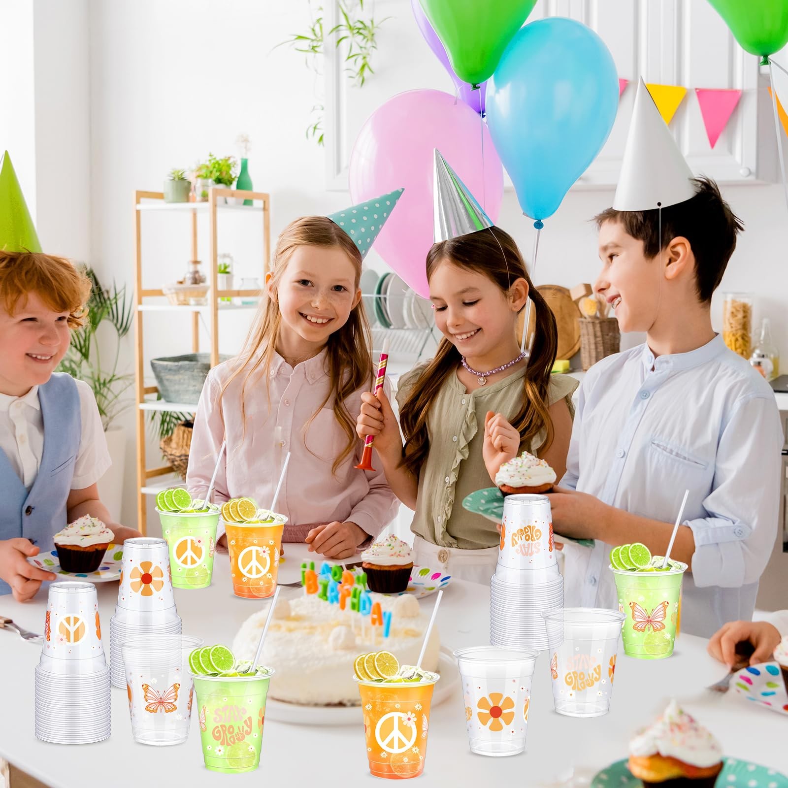 Sliner 50 Pcs Groovy Party Plastic Cups with Straws 3.7 x 4.3 inches, Clear