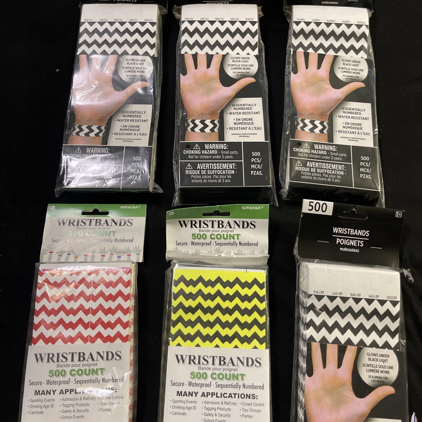 Amscan Tyvek Wristbands 3000 Count Assorted Colors Chevron Numbered Glows