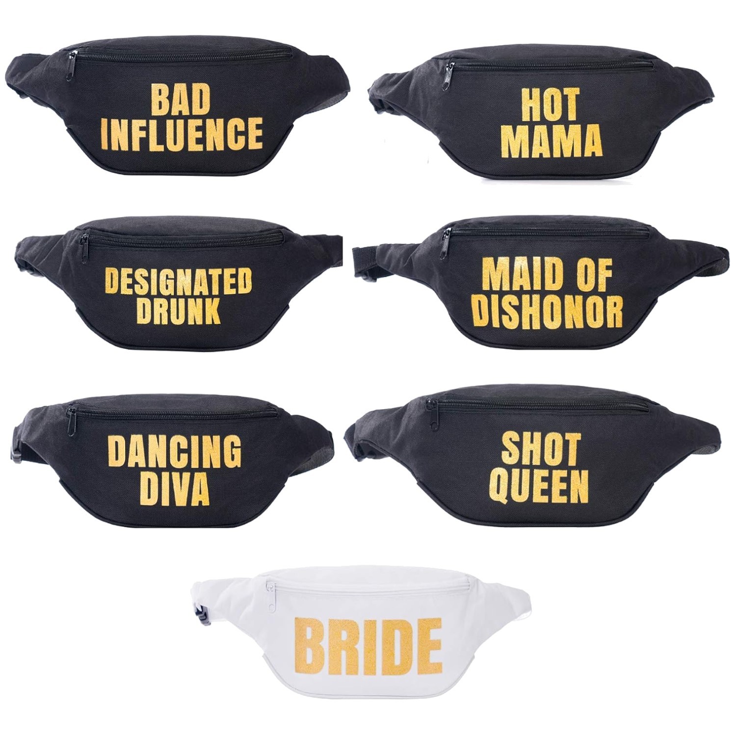 Funny Bachelorette Fanny Pack Set – 7 Pack Gold Glitter