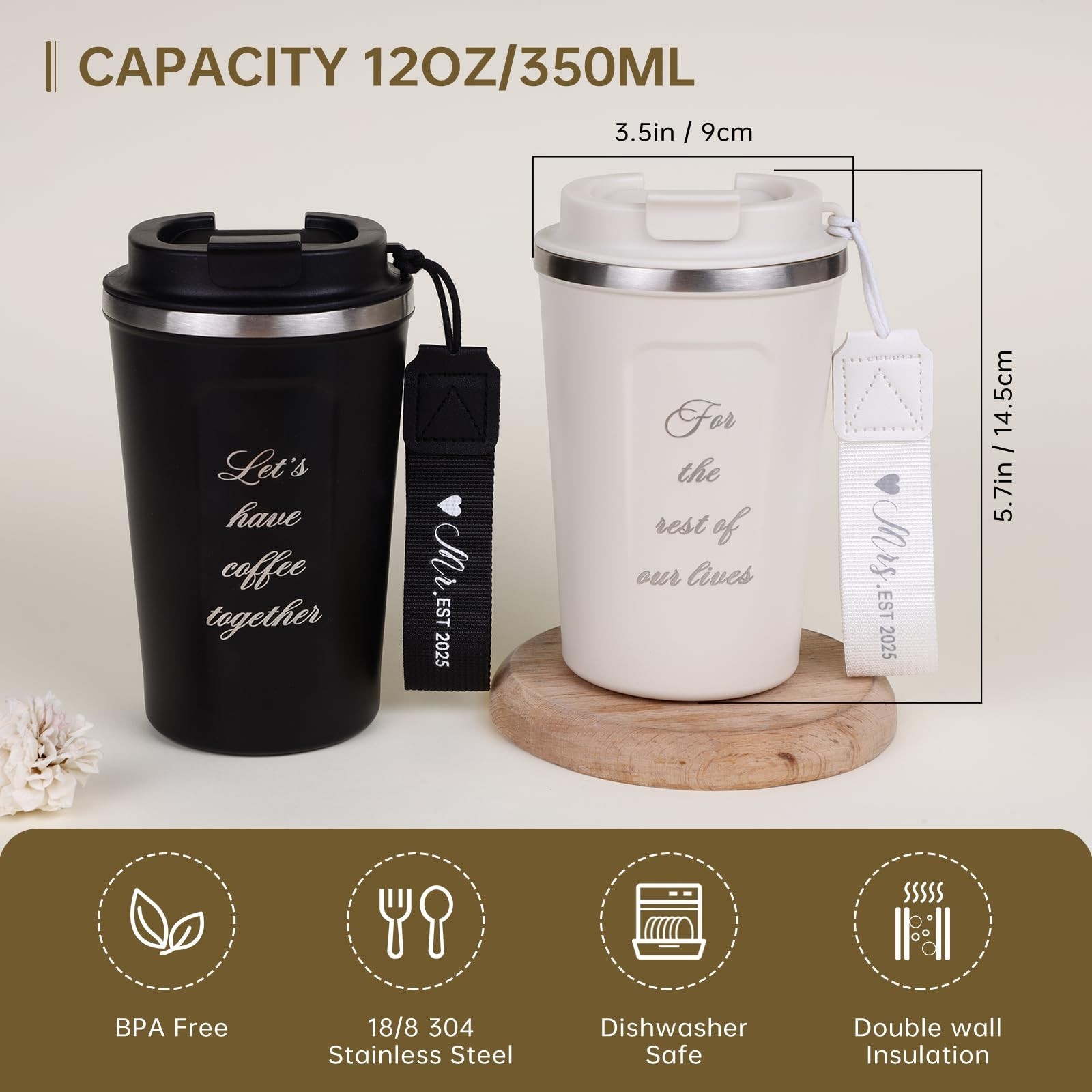 Mr and Mrs Gifts 2025, Stainless Steel Insulated Coffee Mug for Couples, Wedd…