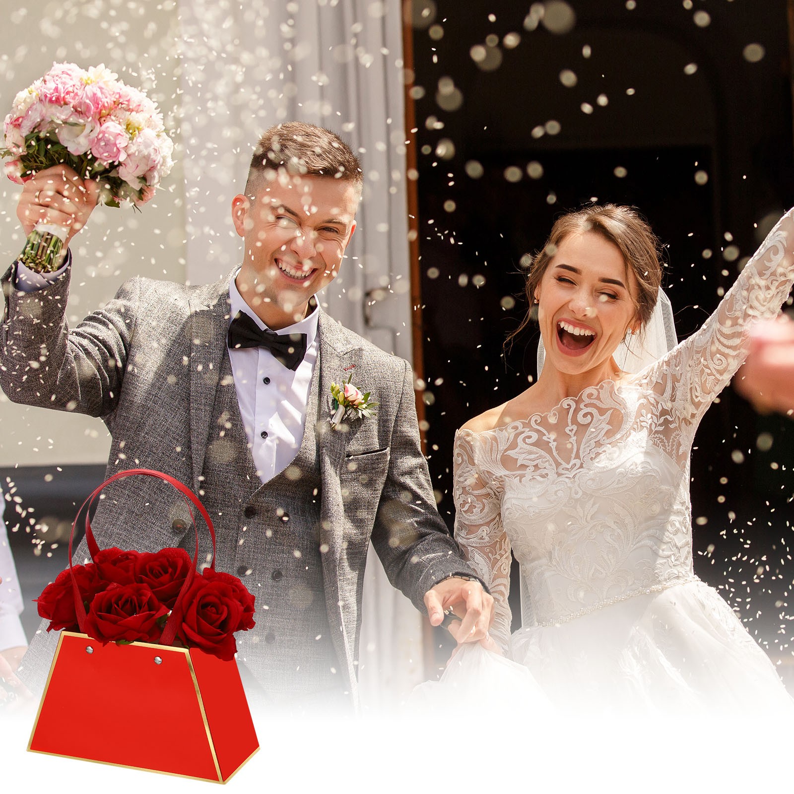 Paper Flower Gift Bags, 12 Pcs Paper Bouquet Flower Gift Bag with Handle,Red