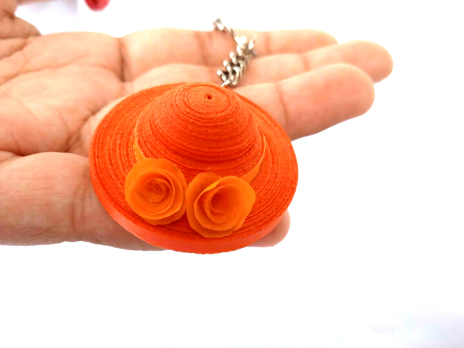 100% Handmade Paper Quilling Orange Hat Key Tag, Key Chain, Ring, Water Resist