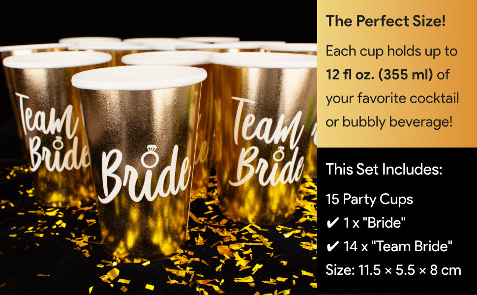 15 Bachelorette Party Cups in Metallic Gold for Bride & Team Bride Bridesmaids