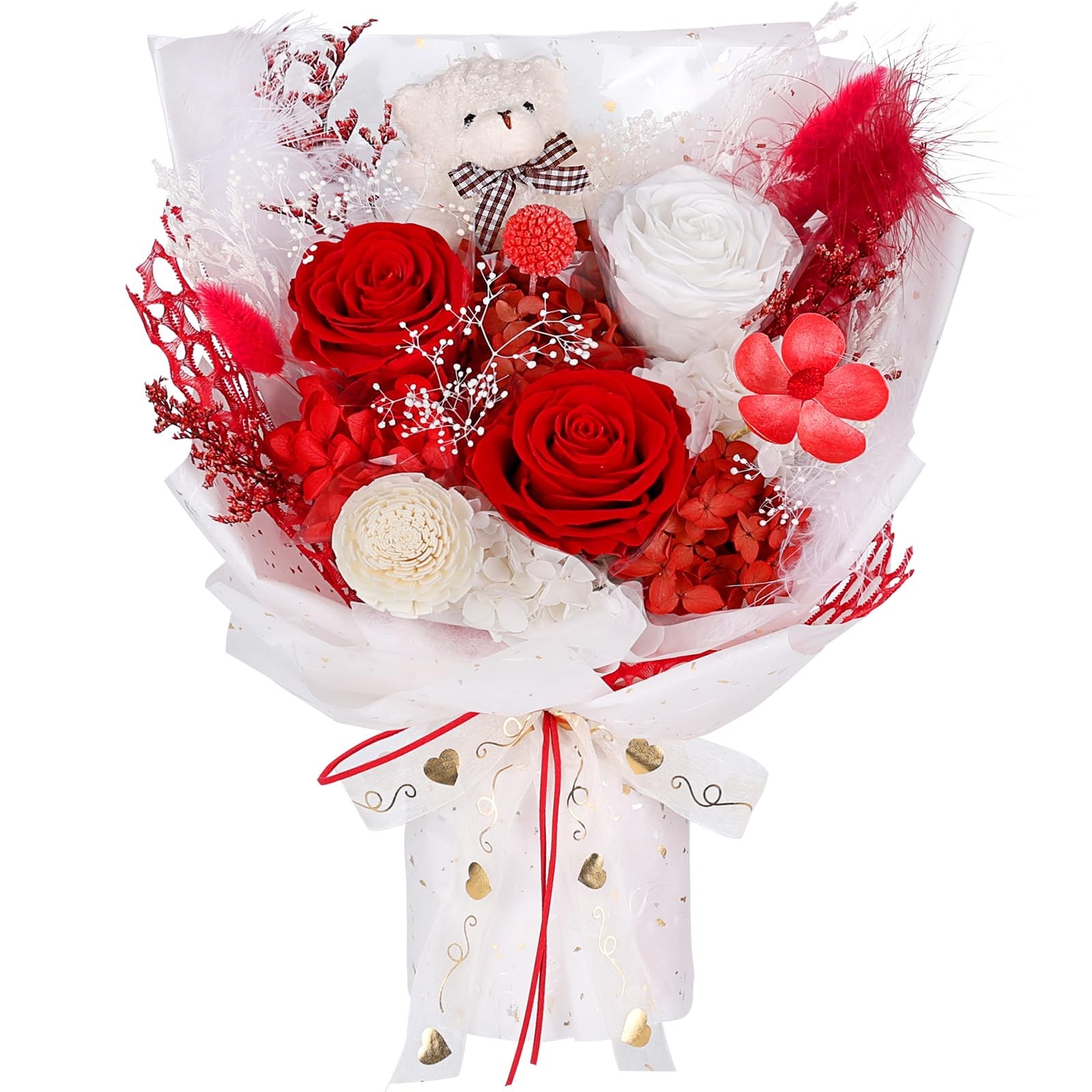Preserved Flowers Bouquet with Bear, 3 Real Forever Flowers for Delivery, Lon…