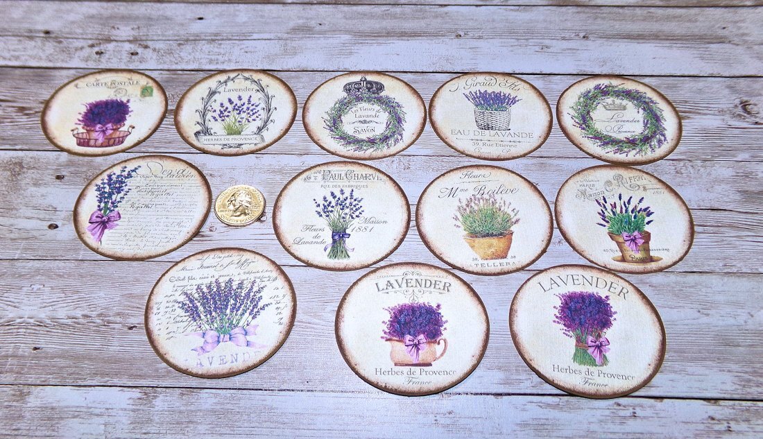 12~Vintage~French Lavender~Herbs~Linen Cardstock~Circle~Stickers