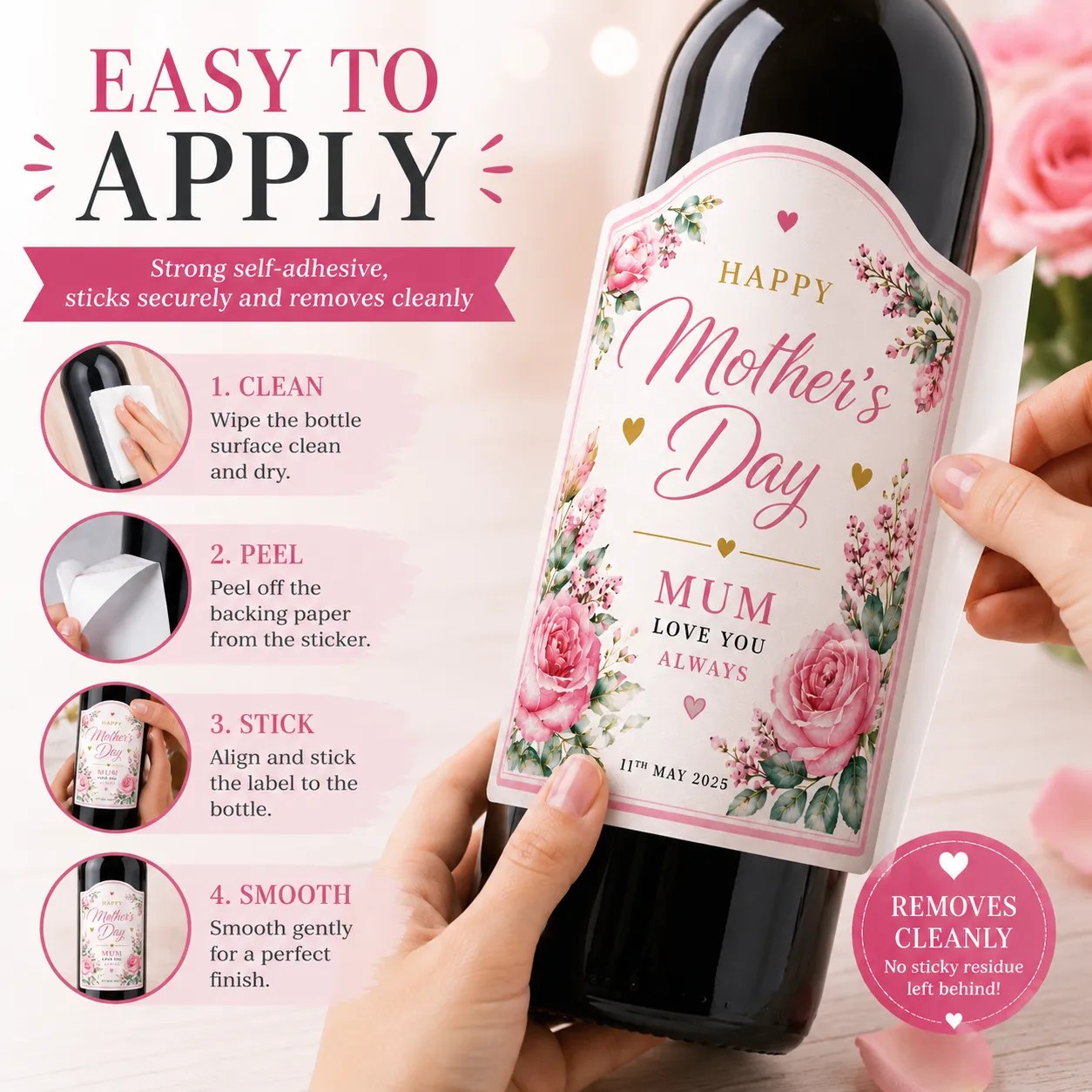 Personalised Mother’s Day Bottle Label Sticker Custom Wine Gift for Mum Floral