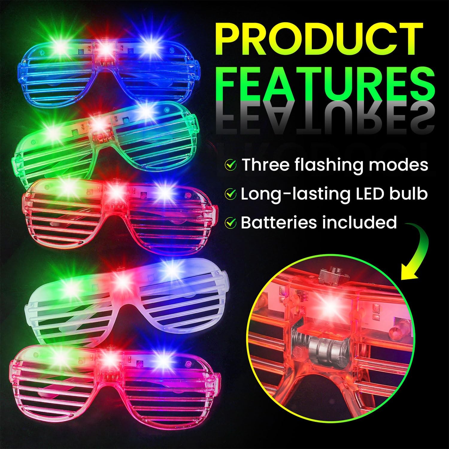 AstrivixDD 30 Pack LED Glasses ,6 Red, Blue, Green, Pink, Purple, White