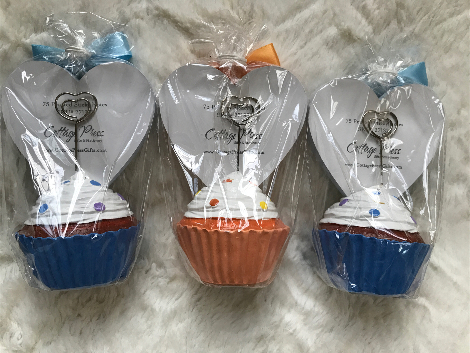 New Lot of 3 Cupcake Photo Holders w/ Memo Pad, 2 Blue, 1 Orange, 5” x 3.5” x 3”