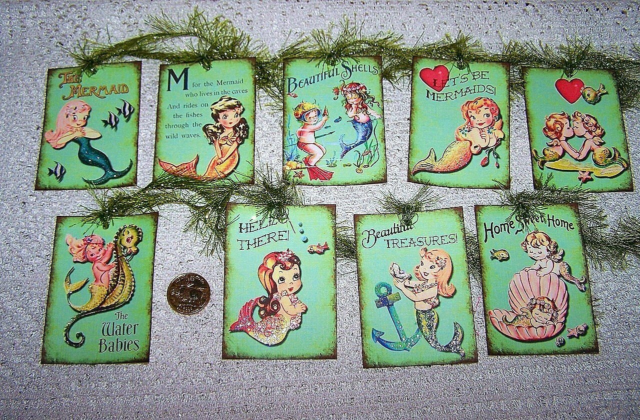 9-Vintage-Retro-Mermaids-Glitter-Parties-Journals-Linen Cardstock-Gift-Hang-Tags