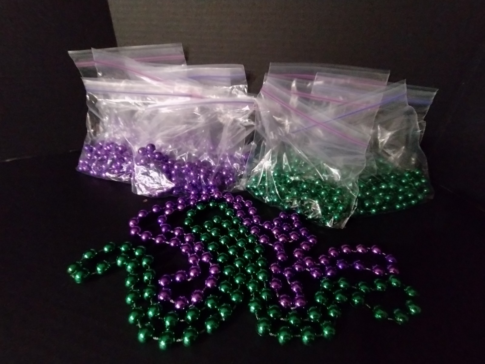 Lot Of 15 Mardi Gras Bead Strands, 8 Purple, 7 Green, 46″ Long, 1/2″ Diam Beads