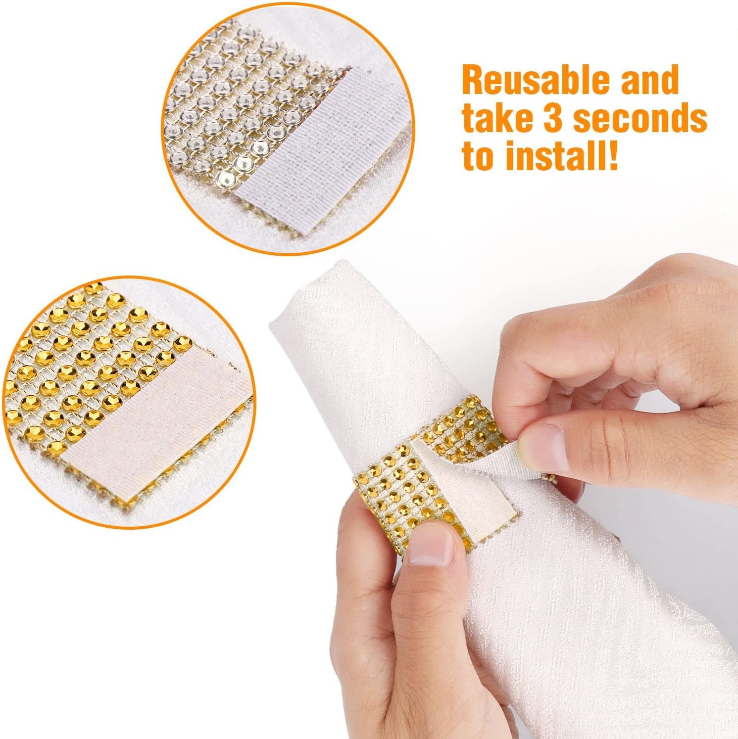 Bling Napkin Rings Set of 150, Rhinestone Gold Napkin Rings Diamond Adornment