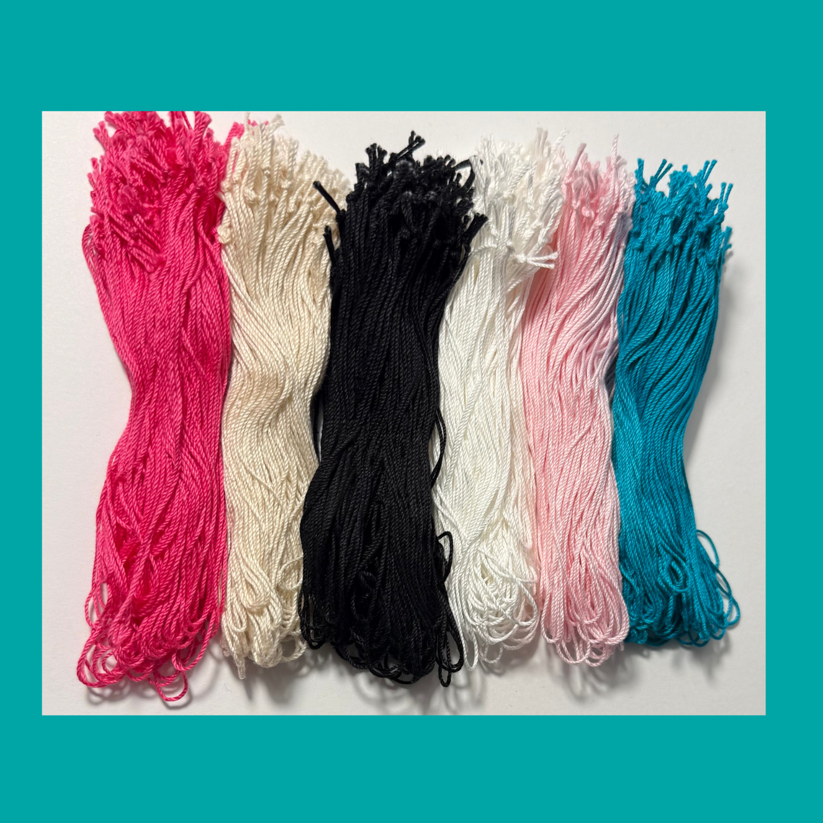 Hang tag string white pink black off white teal knotted string tied or not tied