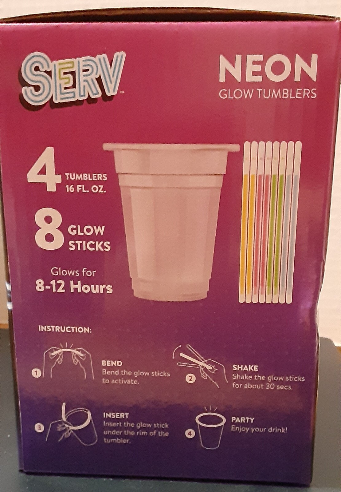 SERV Neon Glow Tumblers 12 cups- 4 per box/4 colors – 16 Fl. Oz. 8-12 hour glow
