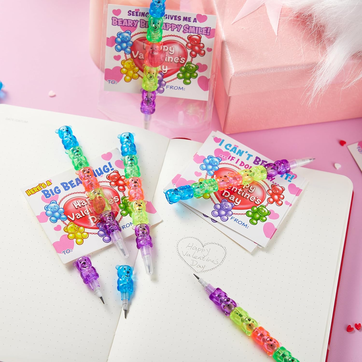 28PCS Valentines Day Plastic Bear Pencils and Cards, Stationery Gift Kids Party