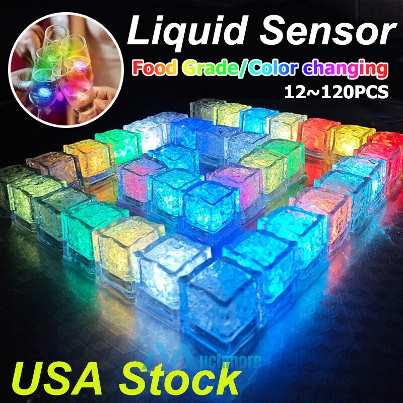 12~120pc Multi Color Flashing LED Light Up Ice Cubes Waterproof Liquid Activated