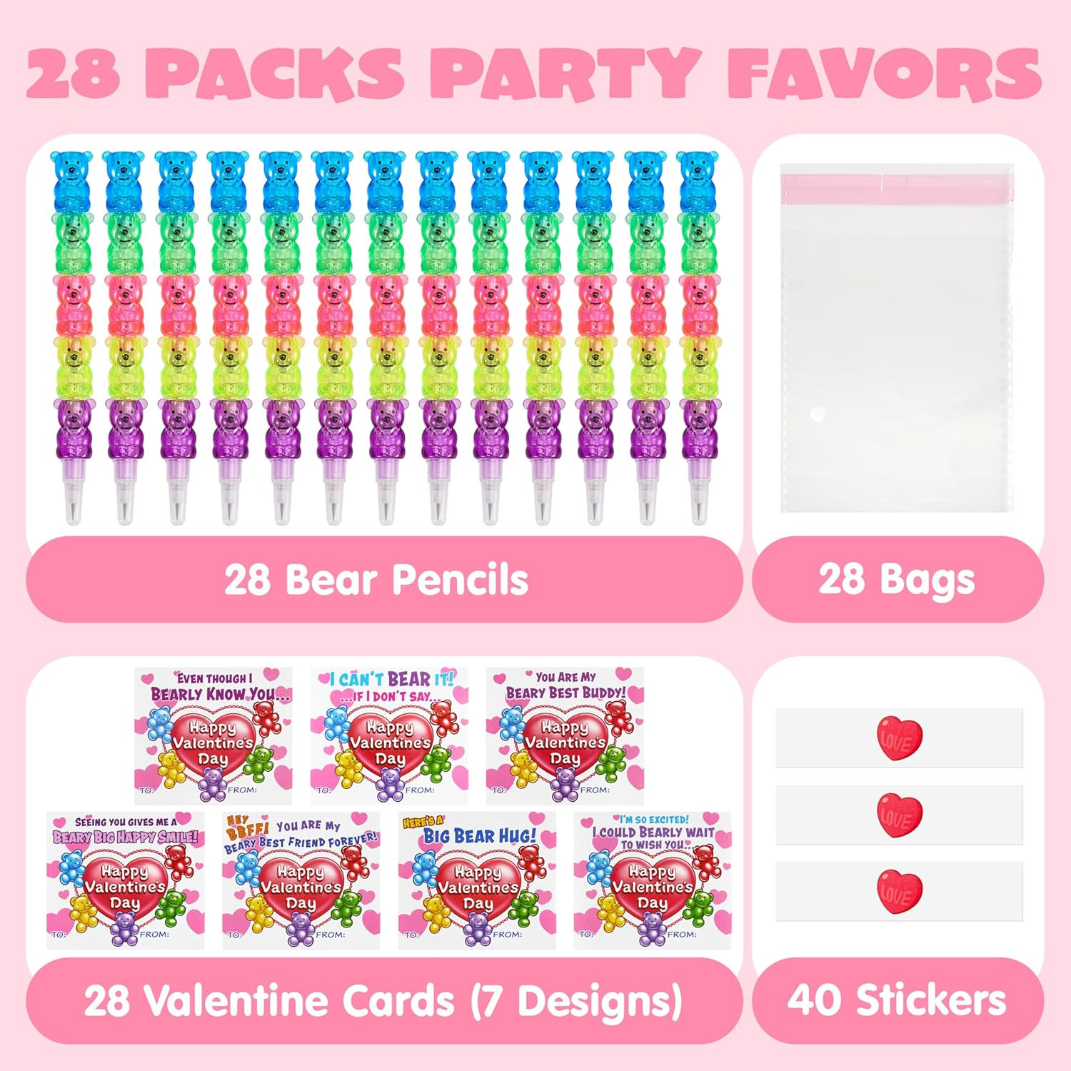 28PCS Valentines Day Plastic Bear Pencils and Cards, Stationery Gift Kids Party