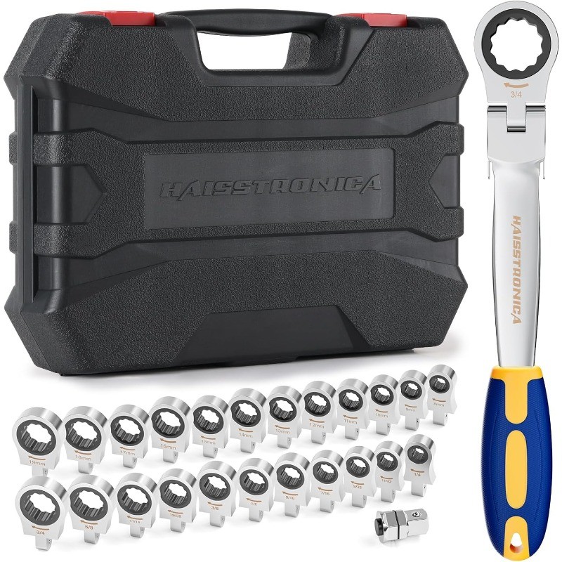 haisstronica 24 in 1 Interchangeable Heads Ratchet Wrench Set with 3/8 in Adapte