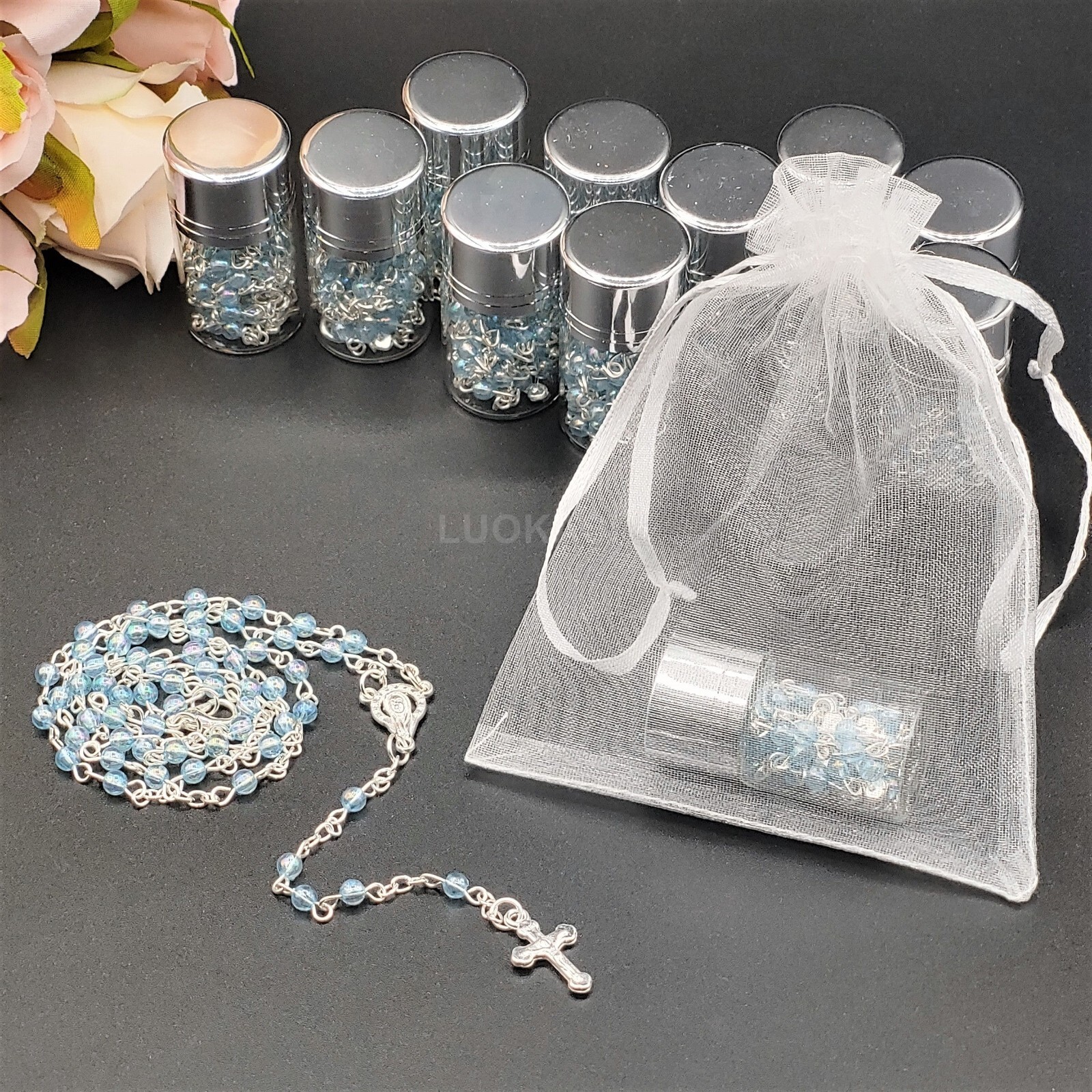 12 Blue Clear Rosary Crucifix Silver Bottle Recuerdos de Bautizo Holy Communion
