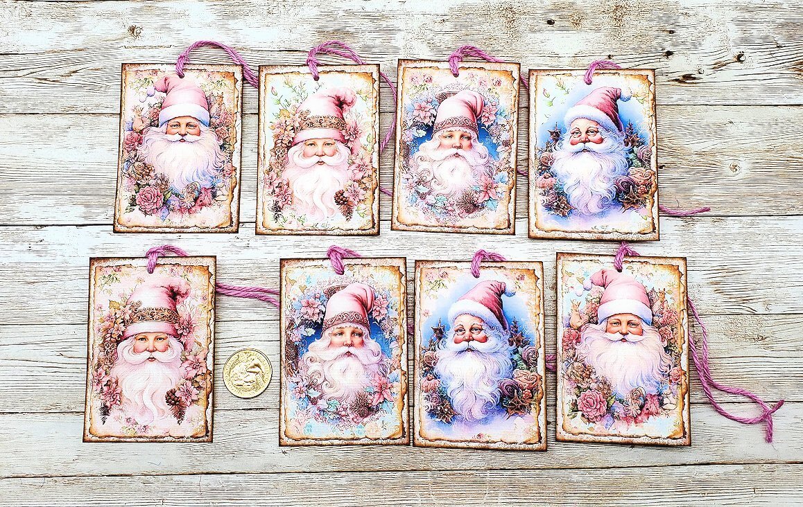 8-Christmas-Shabby Chic-Pink-Santa-Holiday-Linen Cardstock-Gift-Hang-Tags