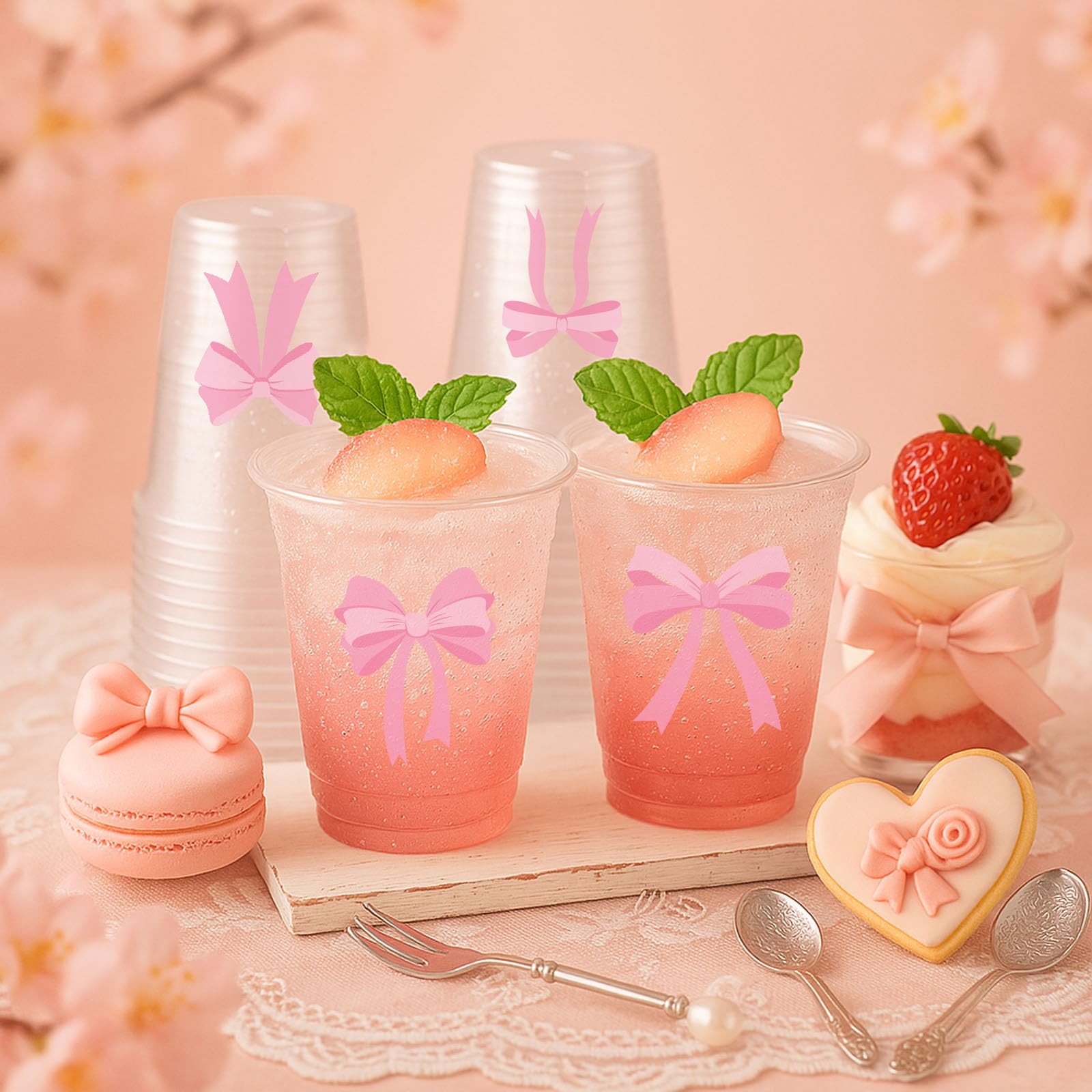 ABURRORI 50 Pcs 12OZ Pink Bow Plastic Cups, Disposable standard,