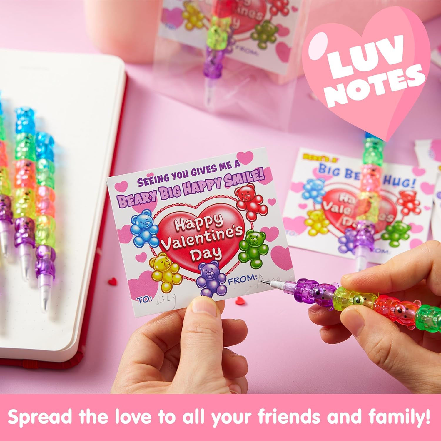 28PCS Valentines Day Plastic Bear Pencils and Cards, Stationery Gift Kids Party