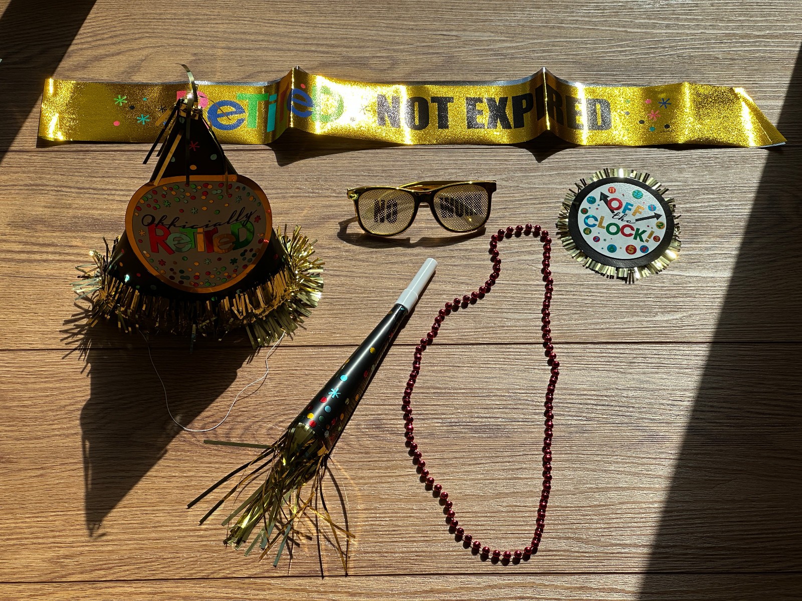 6 Piece Retirement Celebration Party Kit (Horn-Hat-Sash-Button-Glasses-Beads)