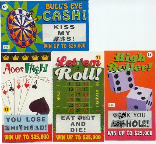 4 ASSORTED RUDE CURSE OUT FAKE LOTTO LOTTERY TICKET SET – Gag Prank Adult Joke