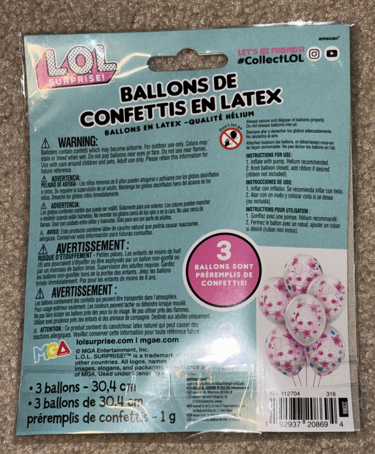 New 12″ Assorted Latex Balloons LOL Surprise Design 6 pcs. 3 with confetti