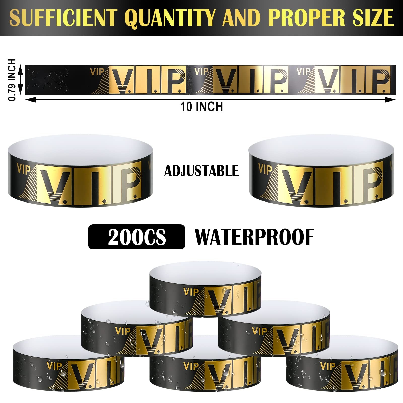 200 Pack VIP Wristbands for Events Bracelets Paper 0.79 x 10 inch, Gold