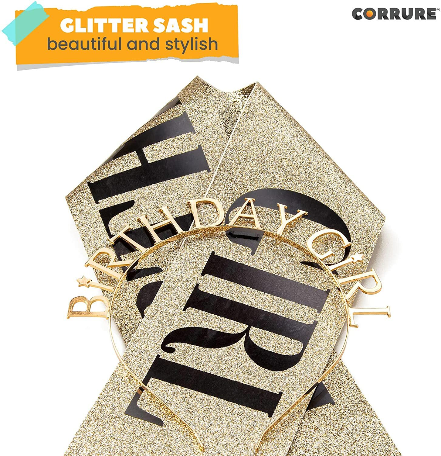 ‘Birthday Girl’ Sash and Headband Tiara, Gold Glitter w/Black Foil Birthday Girl