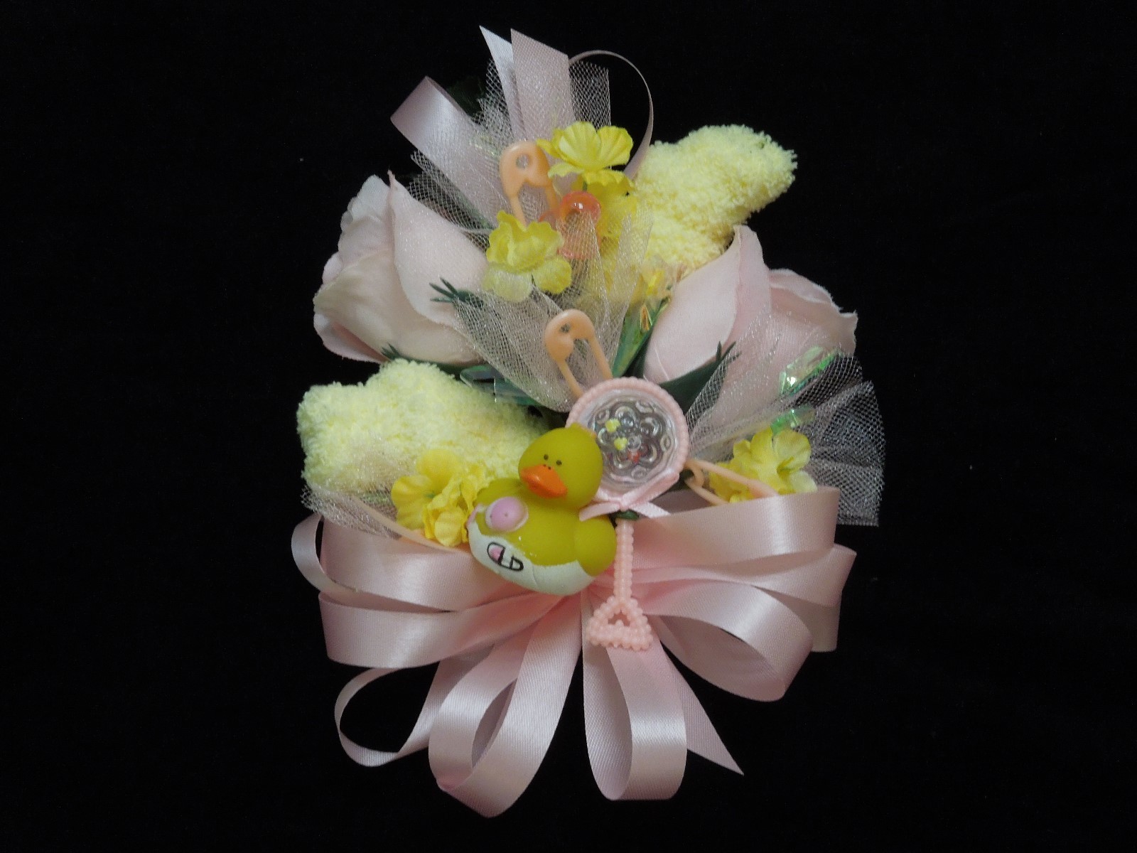 Baby Shower Corsage Yellow Baby Socks & Pink Ribbons & a Duck Handmade
