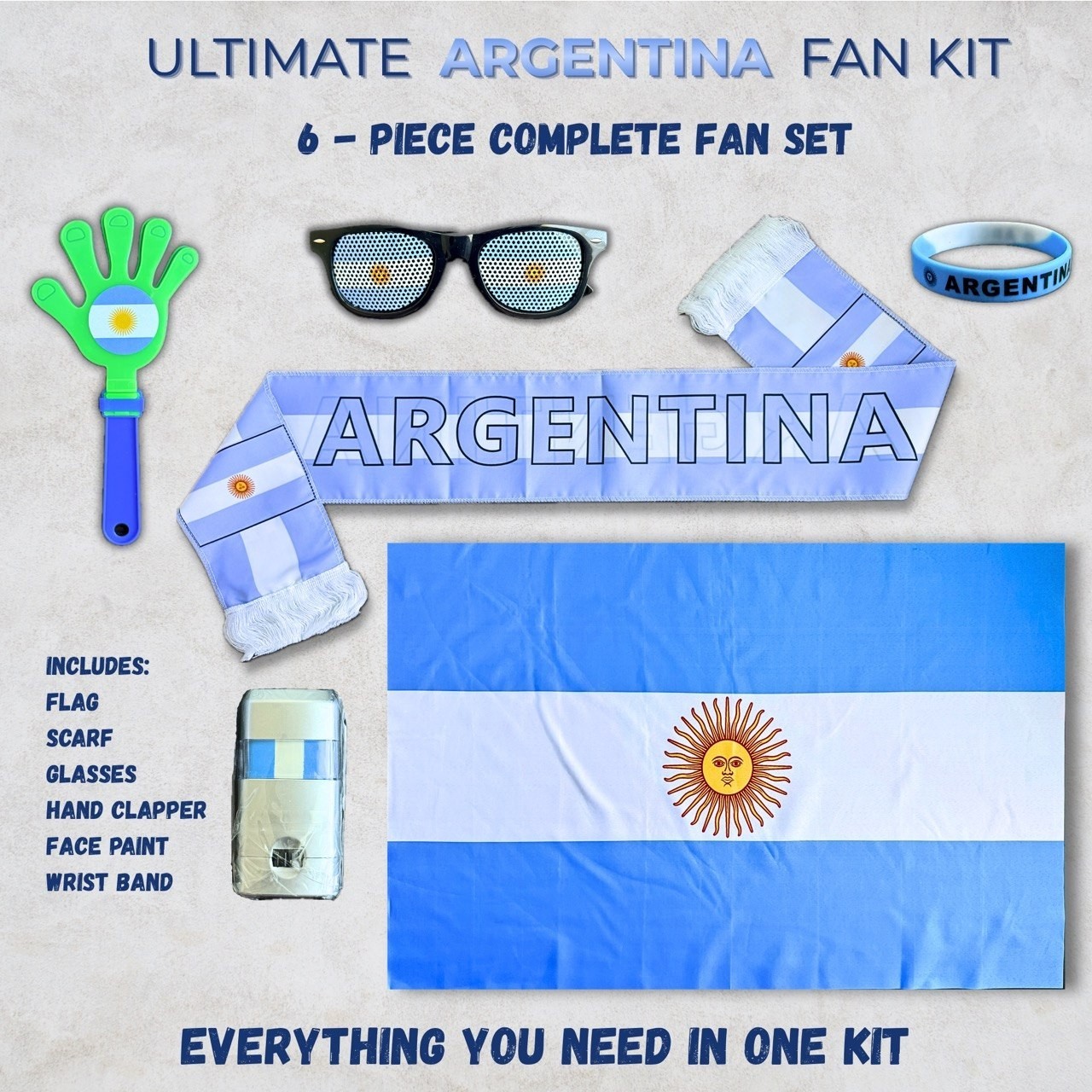 Argentina Soccer Fan Kit Flag Scarf Face Paint Headband Wristbands