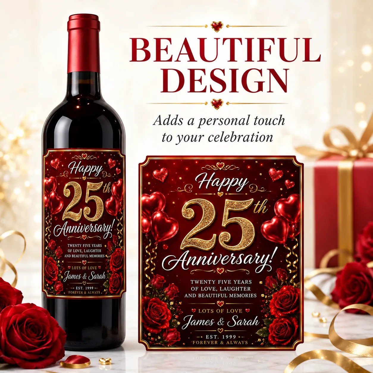 Personalised 25th Anniversary Bottle Label Sticker Wine Gift Red Rose