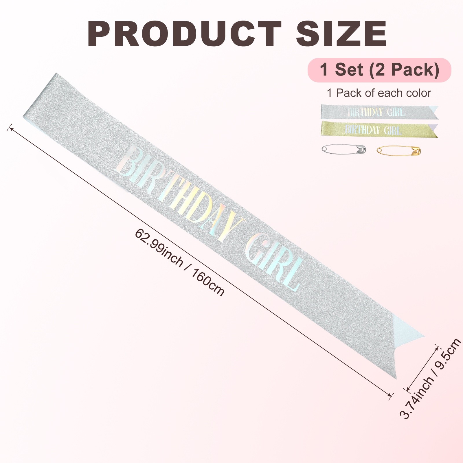 2-Pack Birthday Sash, Birthday Gifts [Gold Glitter, Silver Glitter]