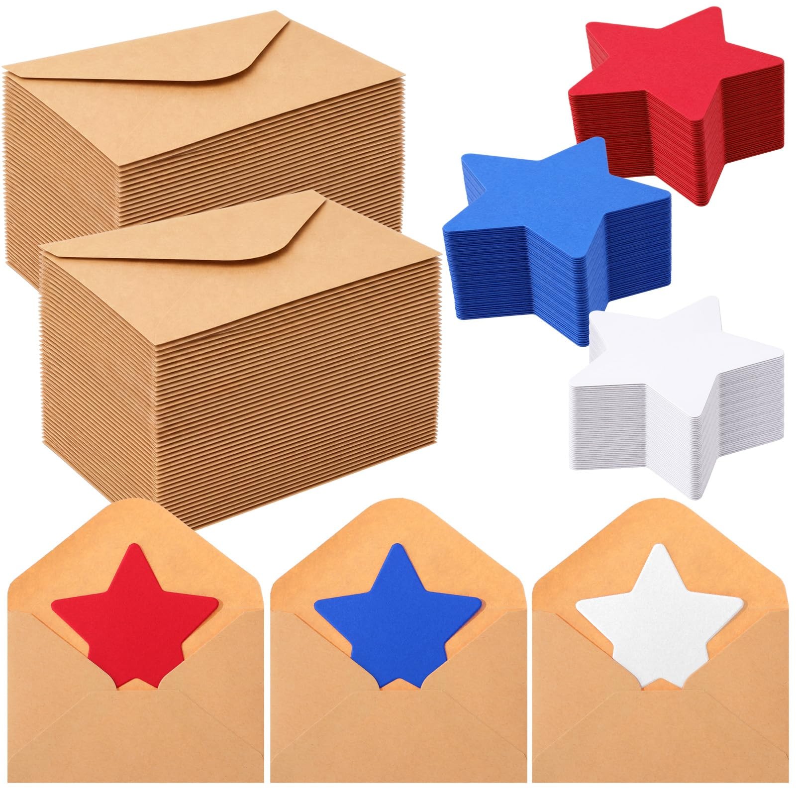 100 Sets 4th of July Star Cards Bulk with Mini Kraft Envelopes, Patriotic Star S