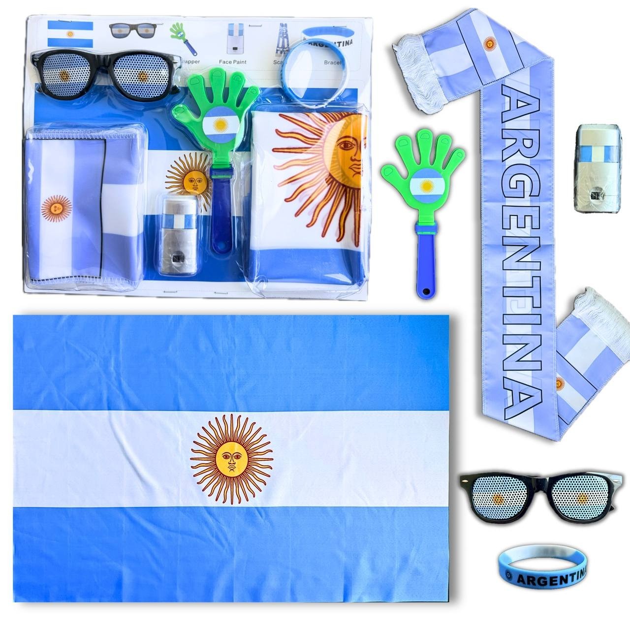 Argentina Soccer Fan Kit Flag Scarf Face Paint Headband Wristbands