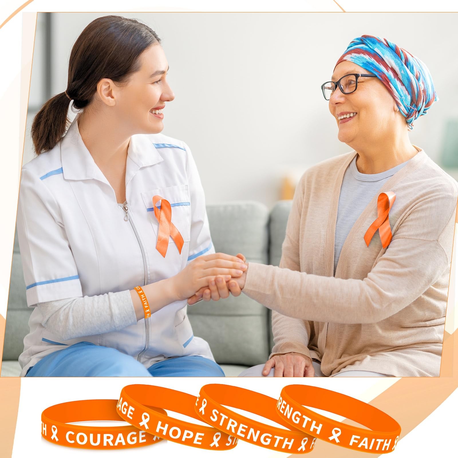 100 Pcs Orange Ribbon Awareness Silicone Bracelets for Leukemia Kidney Cancer