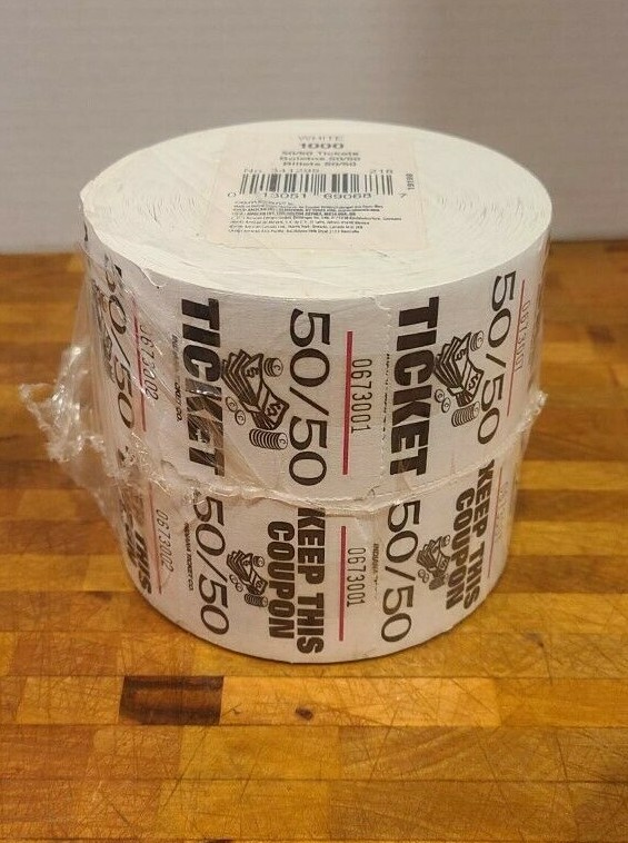 White roll of 1000 raffle tickets new sealed 50/50 split new authentic sealed