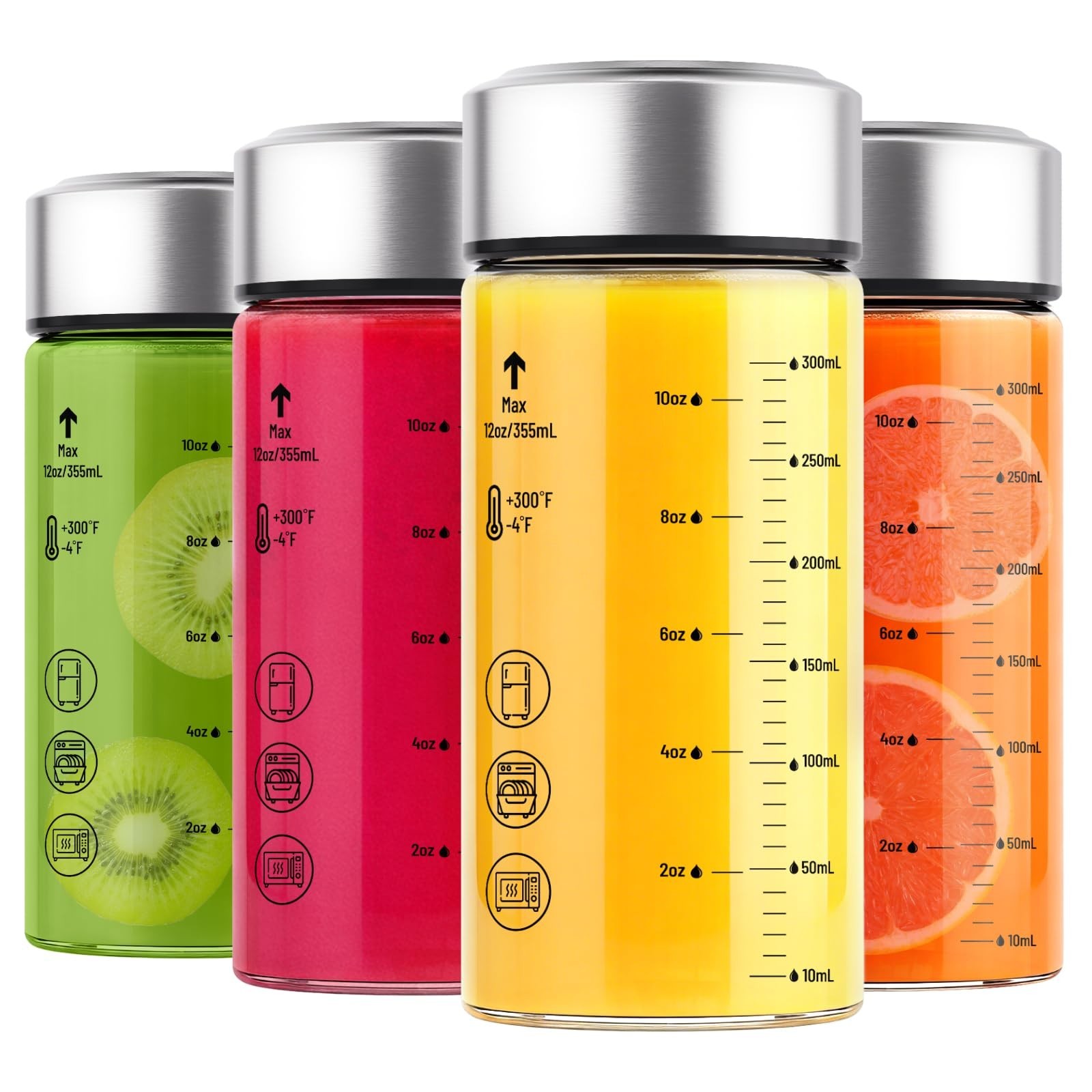 Zukro 12 oz Glass Juice Bottles, 4 Pack Reusable Wide Mouth Heat-Resistant Sm…
