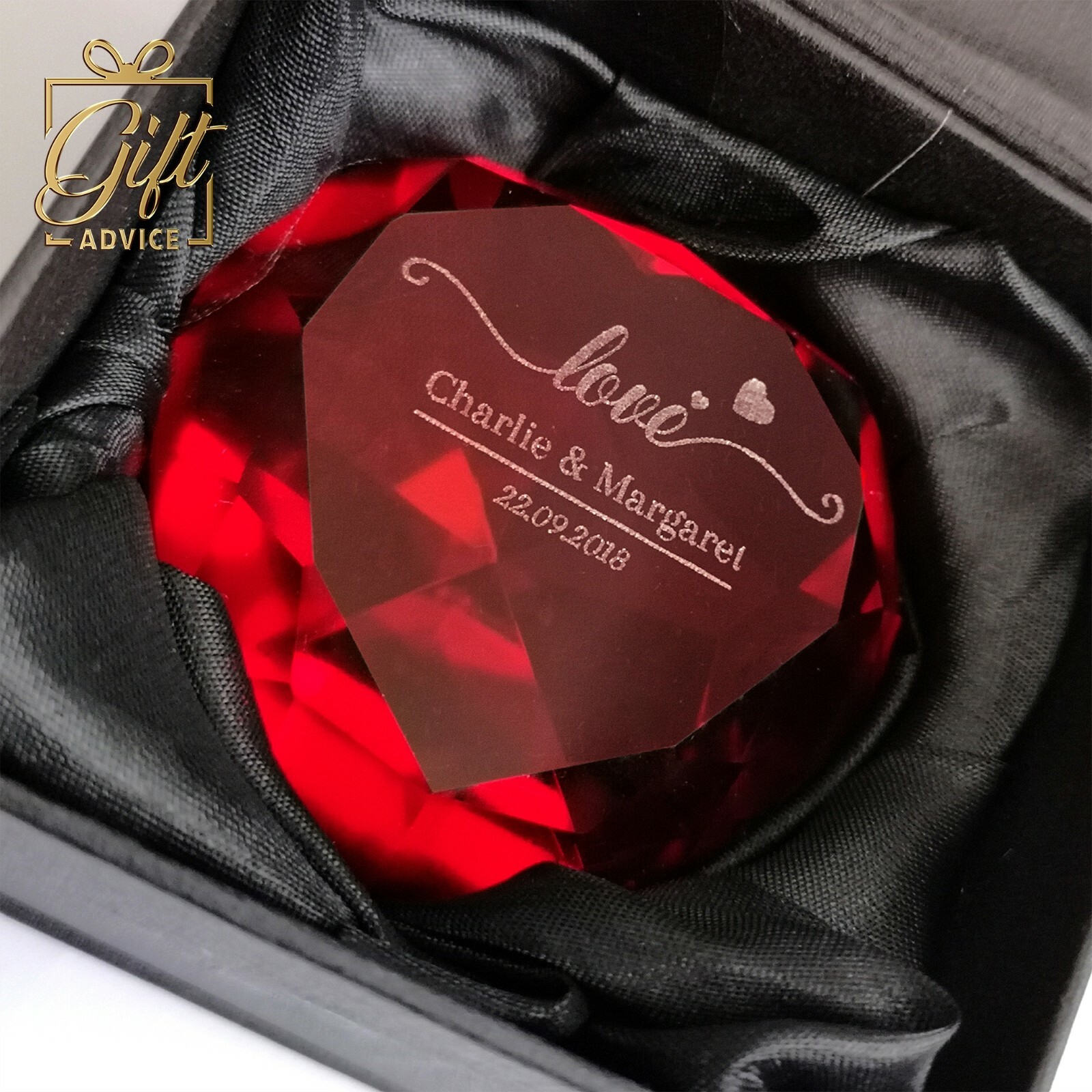 Personalized Customized Engraved Paperweight Heart Shape Red Ruby Crystal