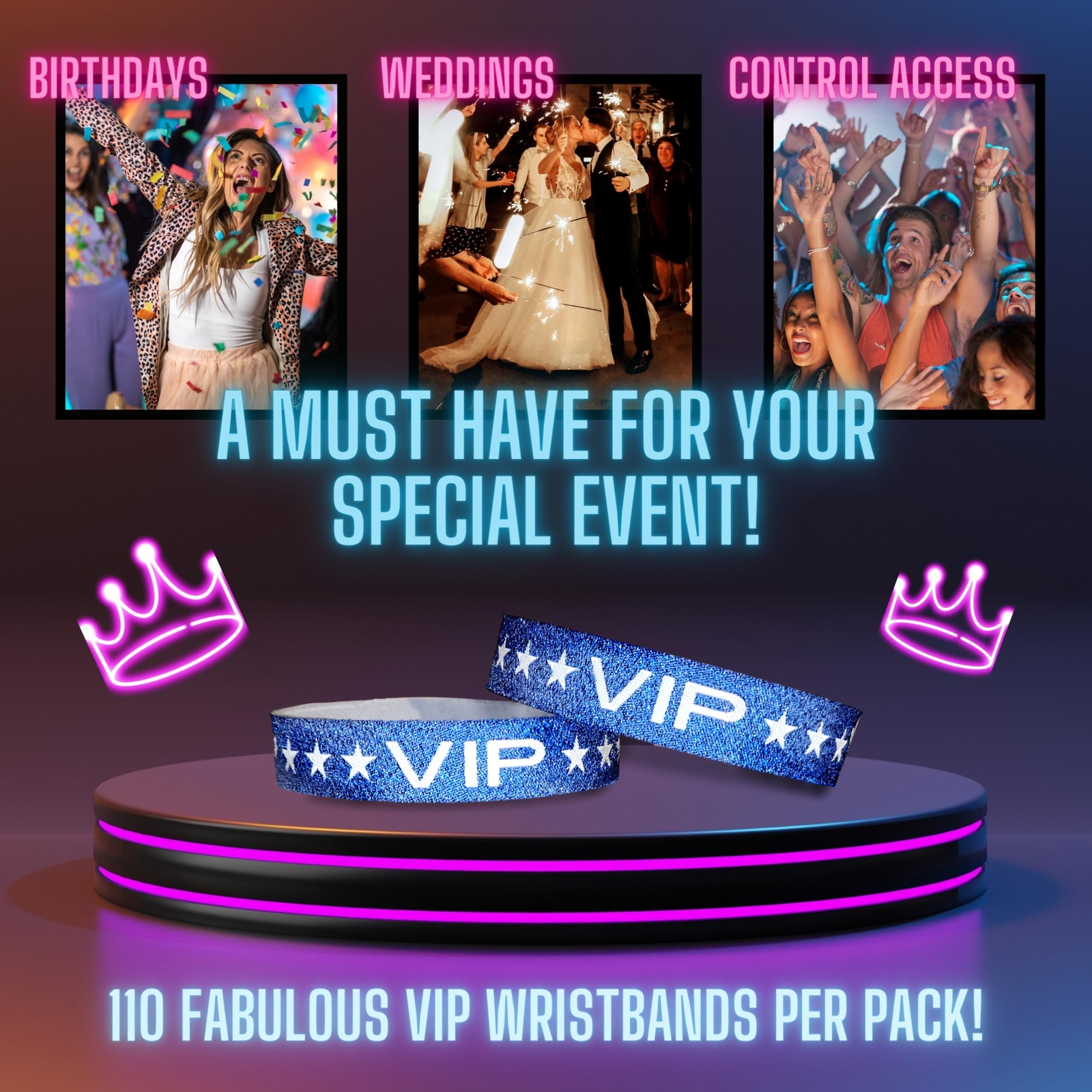 110 Sparkle VIP Party Wristbands with Locking Clip for Events Wedding Festivals