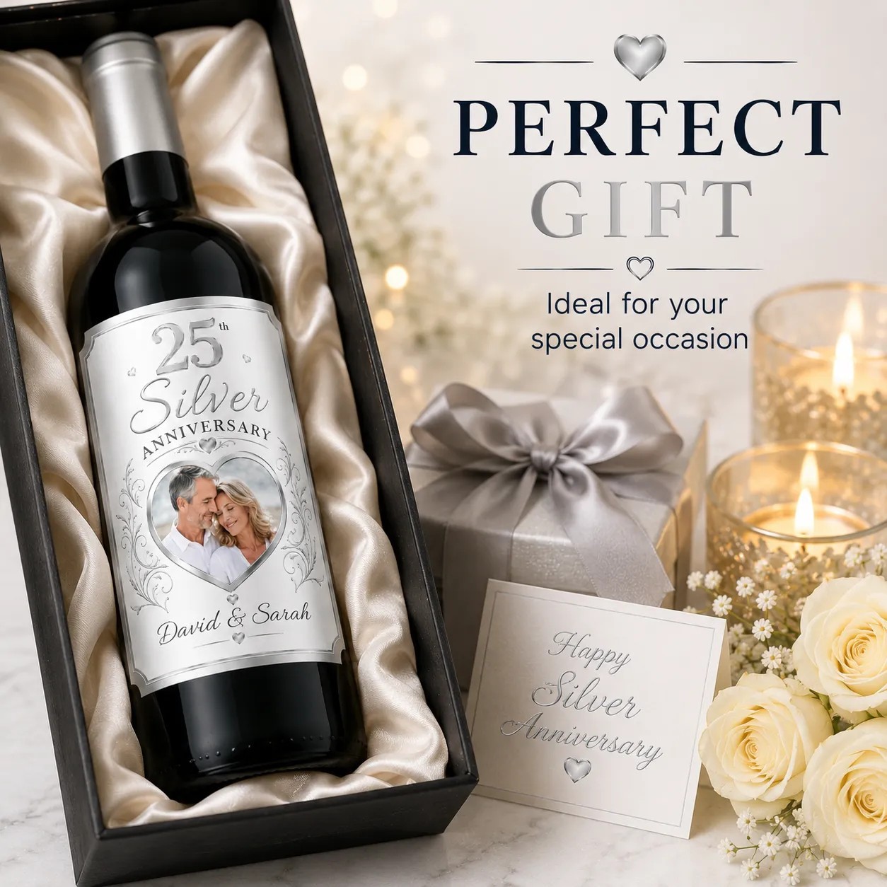 Personalised 25th Silver Anniversary Bottle Label Sticker Custom Photo Gift