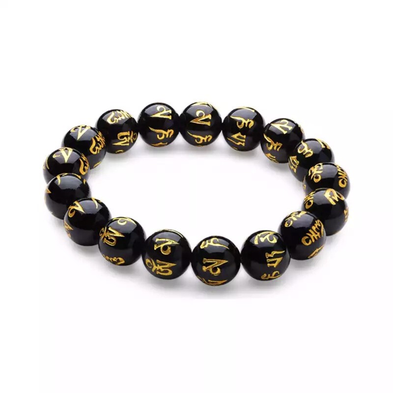 Natural Black Obsidian Bracelet Tibetan Mantra Beads Buddhist Daily Jewelry Gift