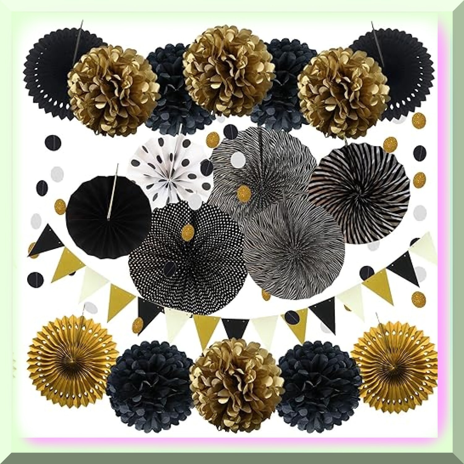 Black and Gold Party Decoration Kit with Fans Pom Poms and Garlands