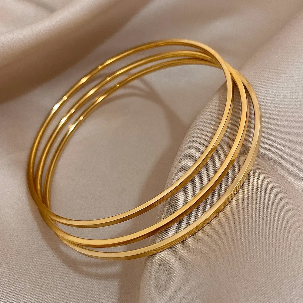 Bangle 3Pcs/Set Shiny Thin Simple Circle Bracelet 14K Yellow Gold About 17.8cm