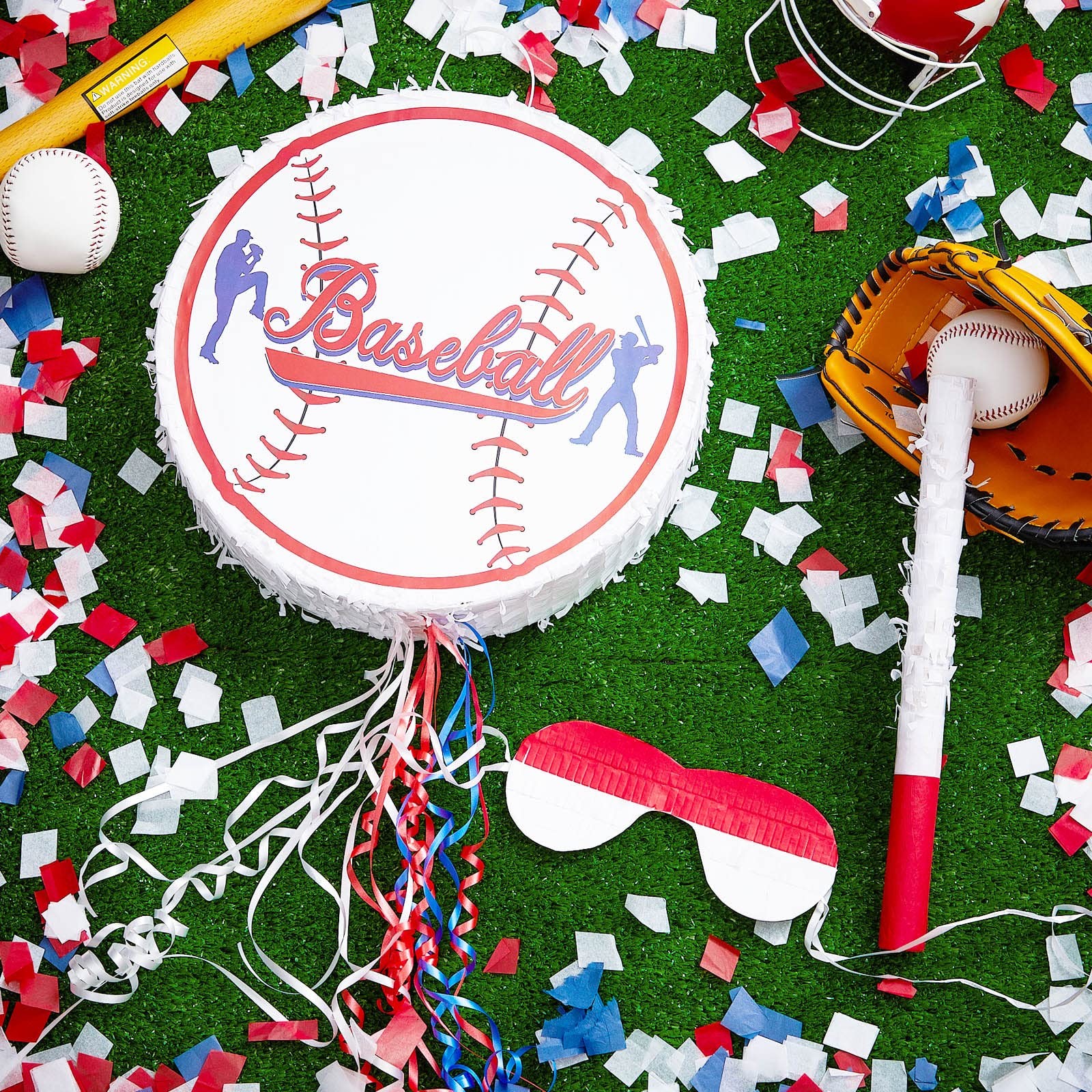 Baseball Piñata Set w/ Stick, Blindfold, Confetti – Birthday Party Game